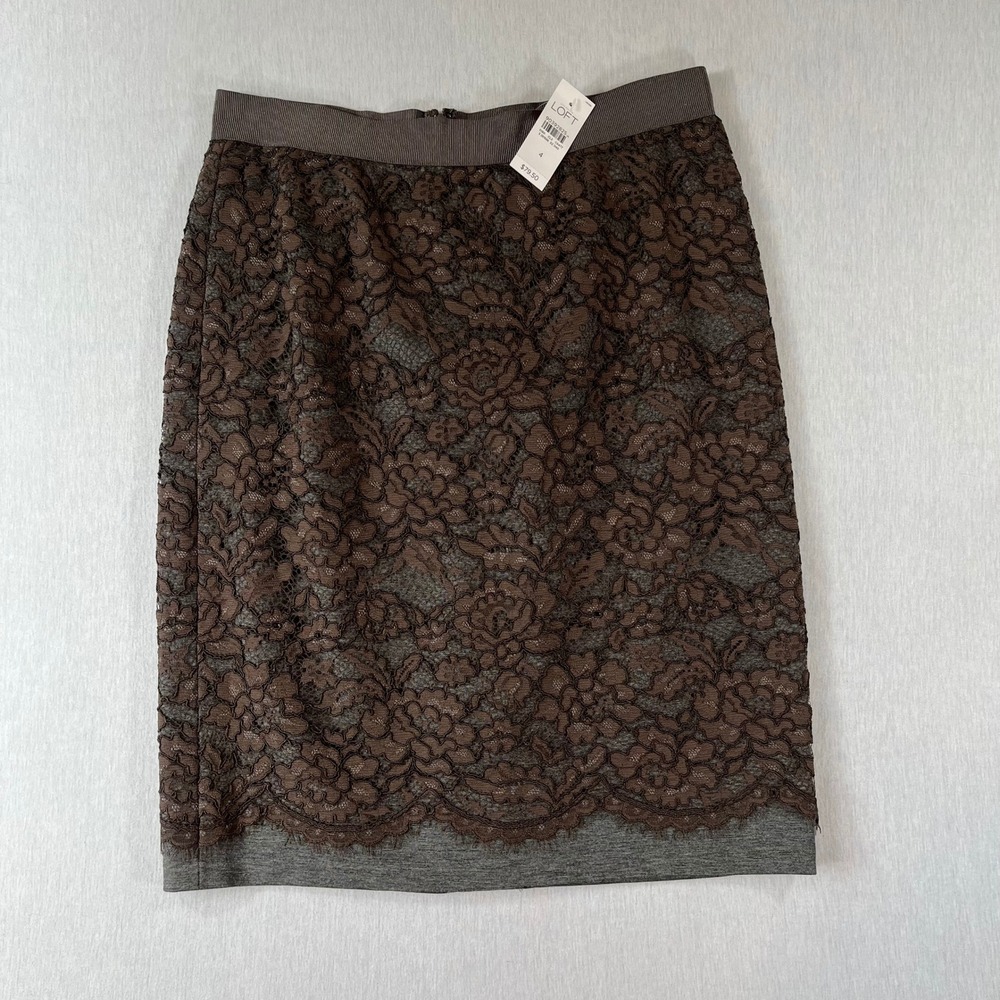 NEW LOFT Pencil Skirt Size 4 Floral Lace Stretch Brown Grey 261696 NWT